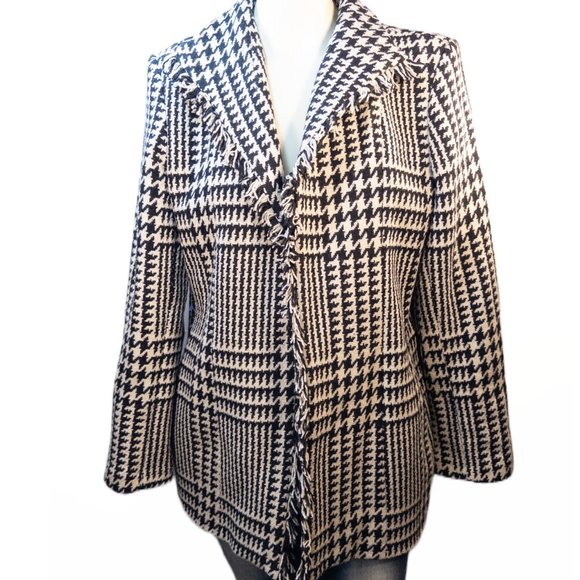 Harve Benard Womens Size Large Coat Black White Houndstooth Wool Blend Fringe - Picture 1 of 10